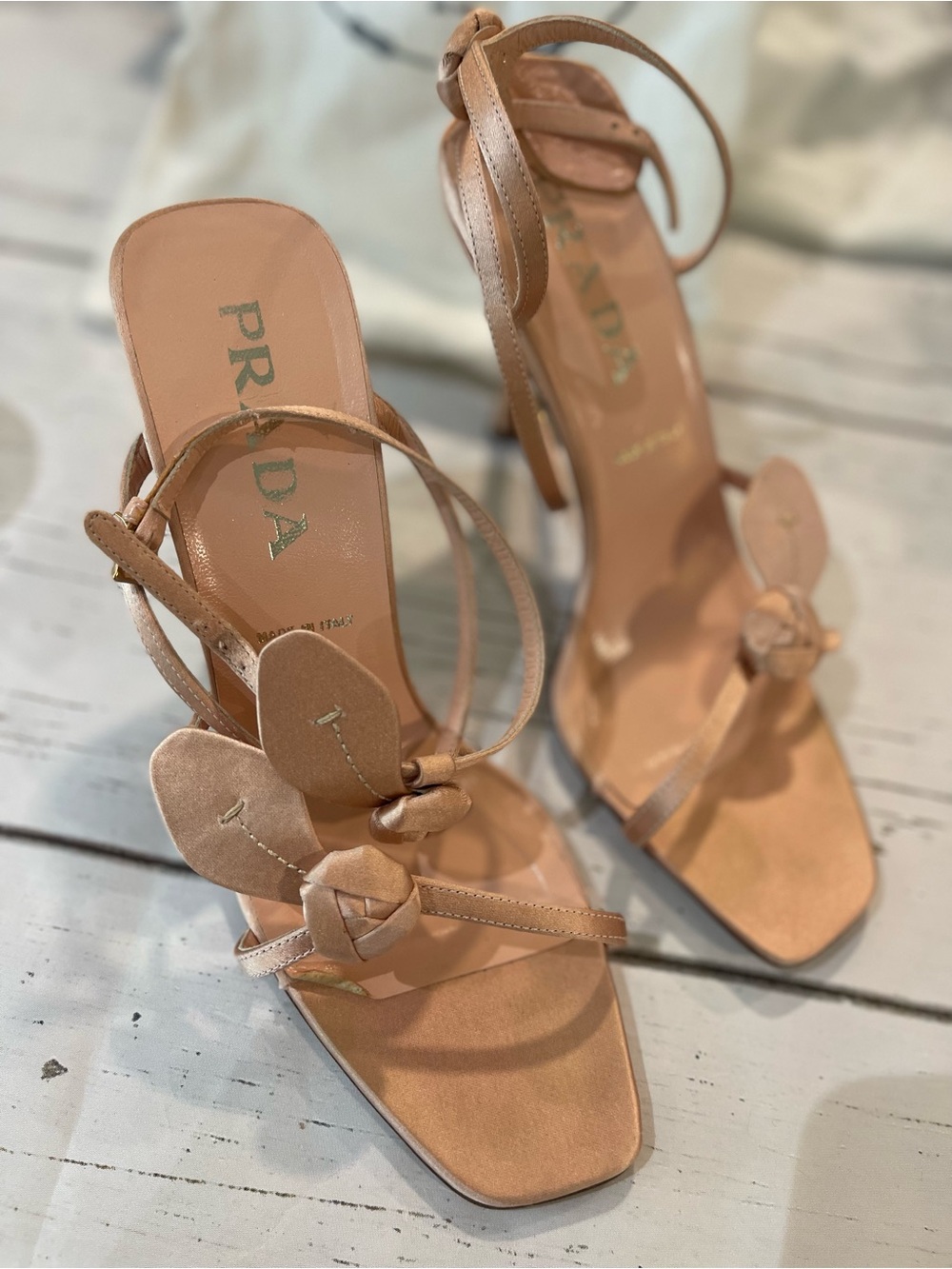 Prada Vintage Satin Floral Strappy Heels Blush Nude Size 38 Made in Italy - Picture 6 of 7